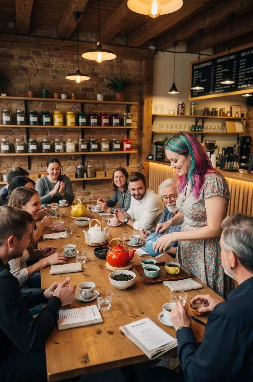 Žaliosios arbatos lapų artimas planas ant medinio stalo, simbolizuojantis natūralų gerovės šaltinį.