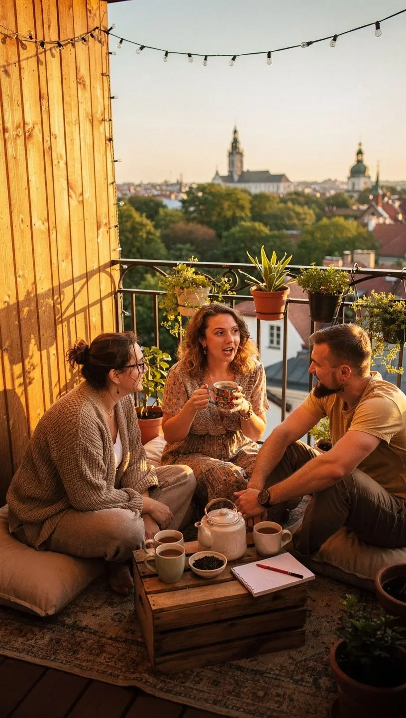 Moteris atsipalaiduoja prie lango su šiltu arbatiniu puodeliu, pasiruošusi vakaro rutinai.