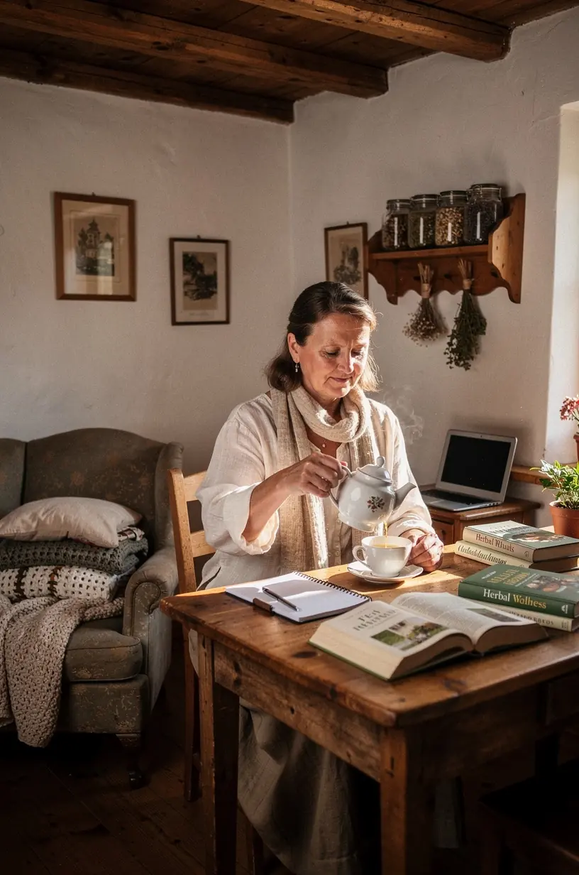 Švelnios vakarinės šviesos ir arbatos puodelio derinys, skatinantis ramų miegą ir gerą savijautą.